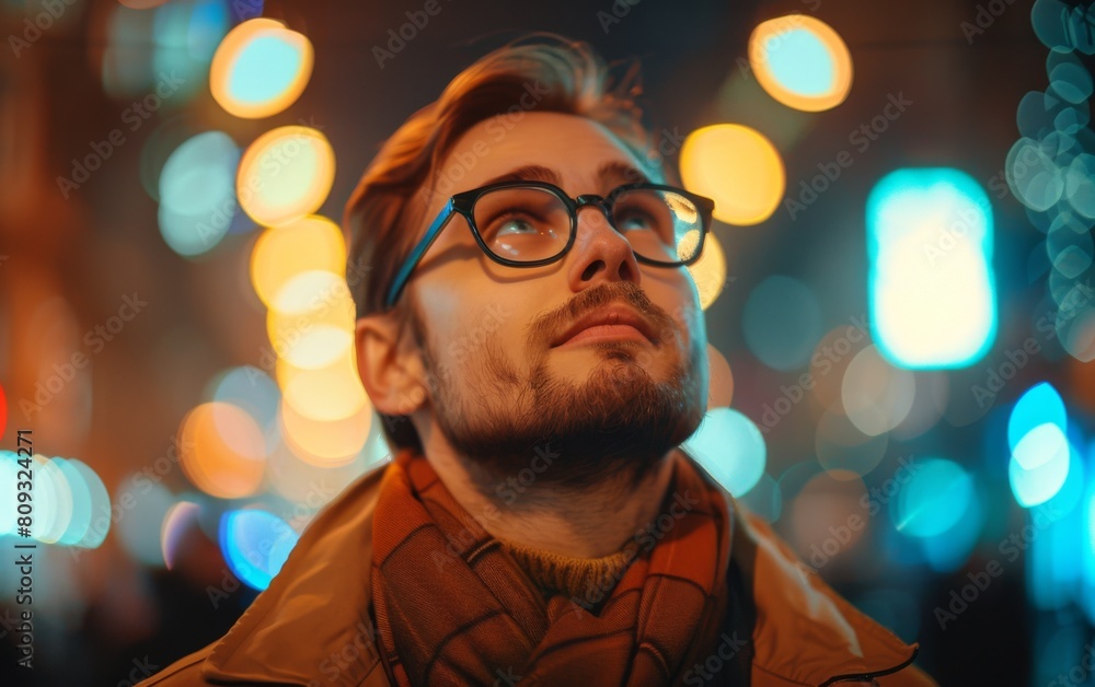 A man wearing glasses standing outdoors and gazing upwards at the sky in contemplation A man wearing glasses standing outdoors and gazing upwards at the sky in contemplation
