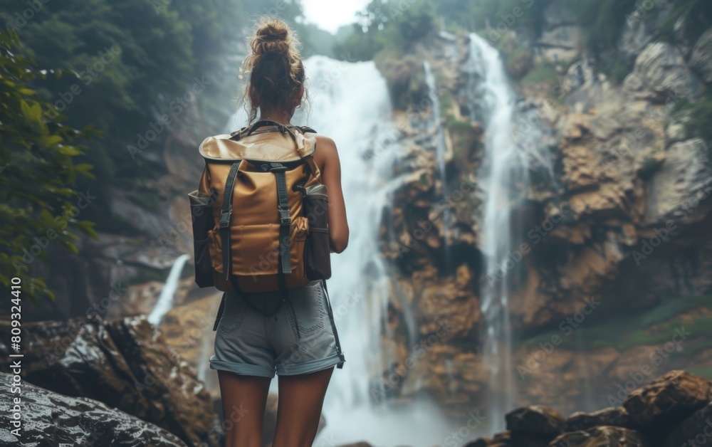 Naklejka premium A woman with a backpack stands at the base of a majestic waterfall, surrounded by the raw power of nature