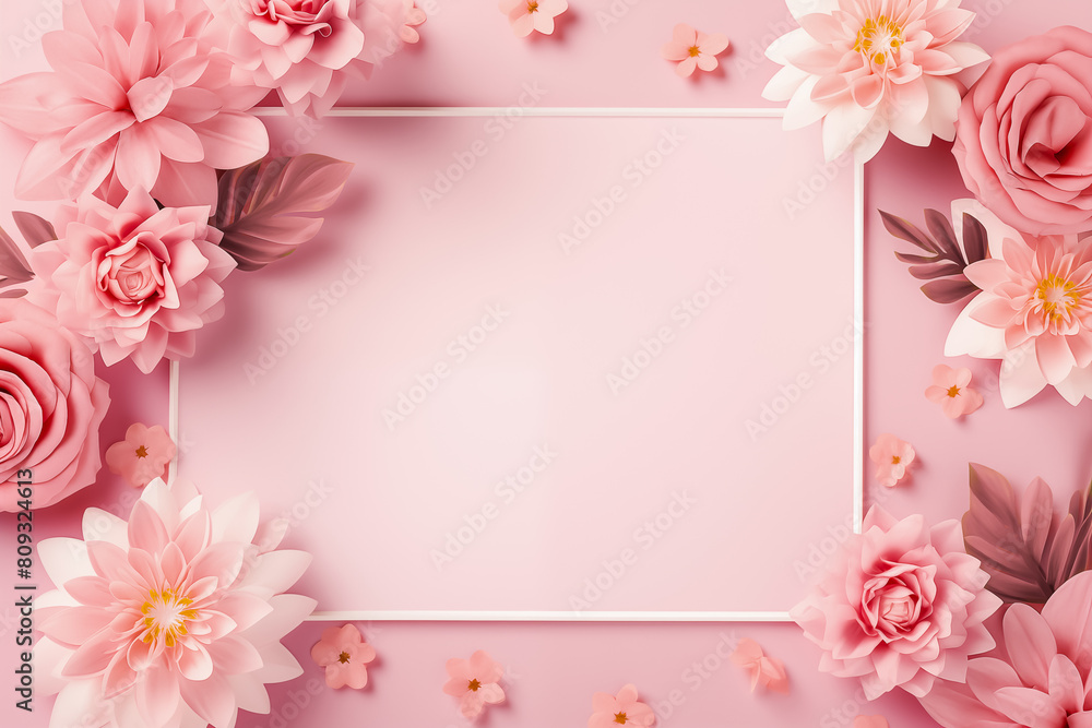 Pink paper flowers on a pink background with a white frame Pink paper flowers on a pink background with a white frame