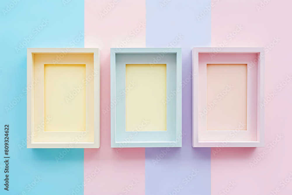 Three pastel colored frames on a pastel background with blue, yellow, and pink shades Three pastel colored frames on a pastel background with blue, yellow, and pink shades