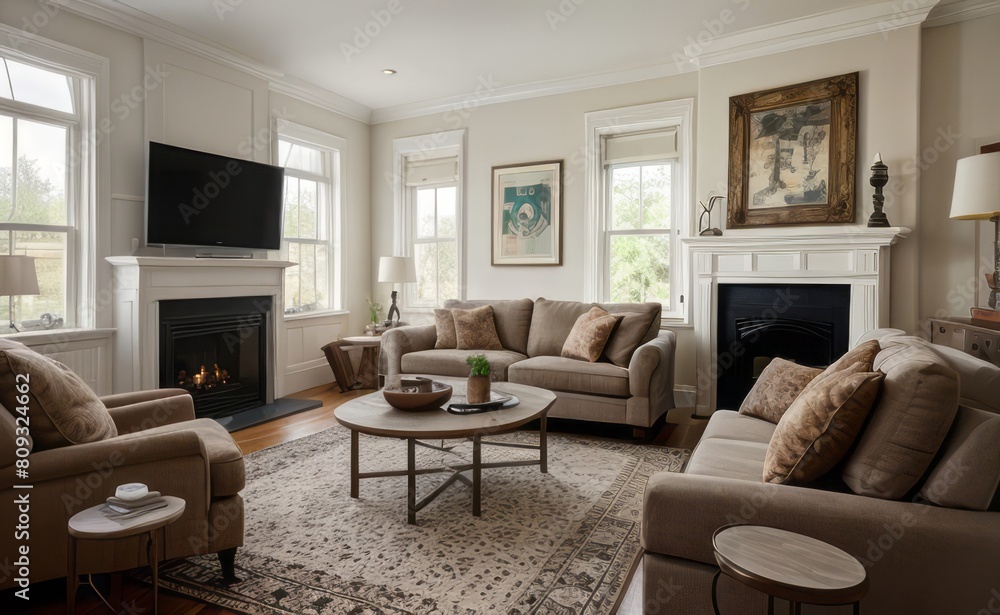 Fototapeta premium Tranquil Living Room with Plush Velvet Sofa