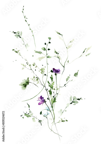 Watercolor painted meadow greenery bouquet on white background. Violet flowers  green wild plants  branches and leaves.