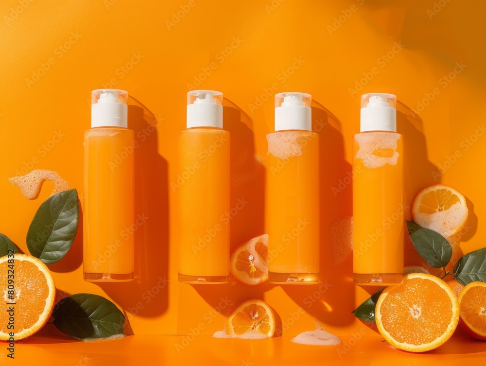 Multiple Peach-Colored Body Lotion Bottles on Orange Background: High Resolution Product Mockups