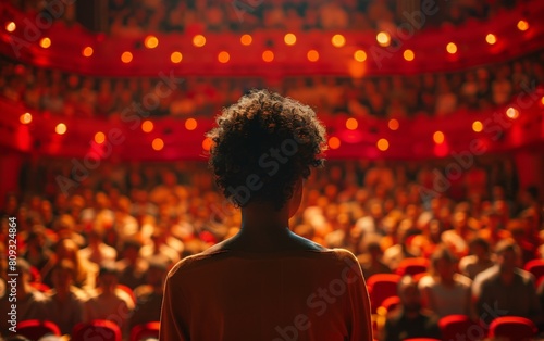 A woman is standing confidently in front of a large crowd of people, possibly giving a speech or presentation © imagineRbc