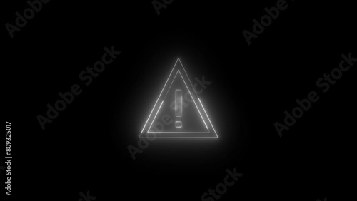 Neon glowing white color warning symbol icon on black background animation photo