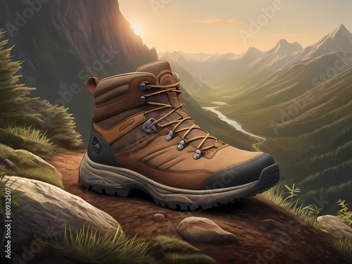 illustration of a hiking boot  with the sole pattern transforming into an intricate mountain path.