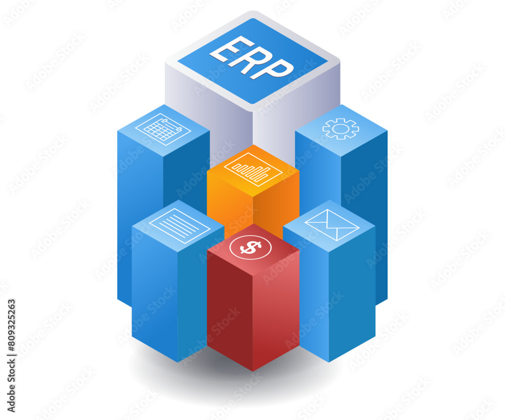 ERP business management system infographic flat isometric 3d illustration
