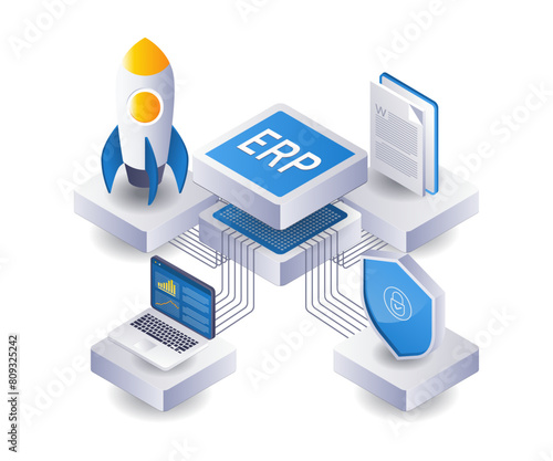 ERP business network technology isometric flat illustration