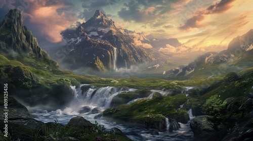 A fantasy landscape where the harmony of flowing waters. Generative Ai