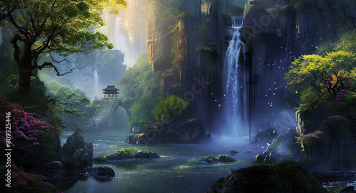 A fantasy landscape where the harmony of flowing waters. Generative Ai