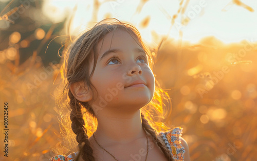 A young female child stands alone in a field of tall grass, surrounded by natures greenery