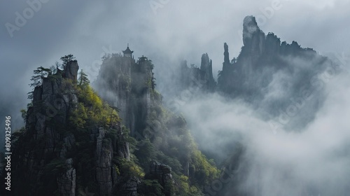 ancient temples cling to towering peaks amidst swirling mists. Generative Ai