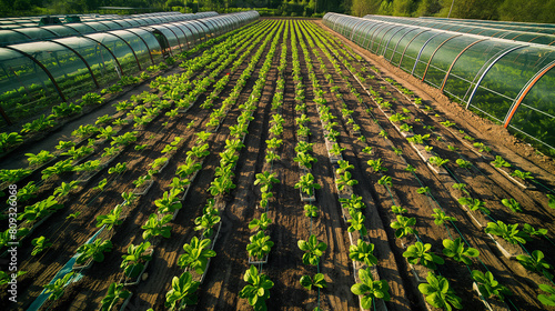 Lush Greenhouse Cultivation: Fresh Lettuce Growing in Sunlit Agricultural Farm photo