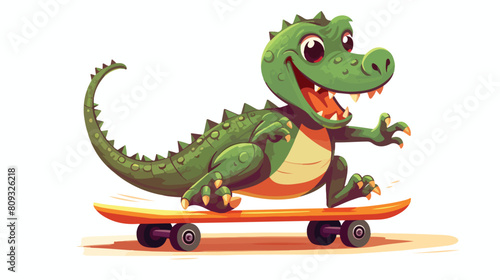 Skating little crocodile flat vector illustration.