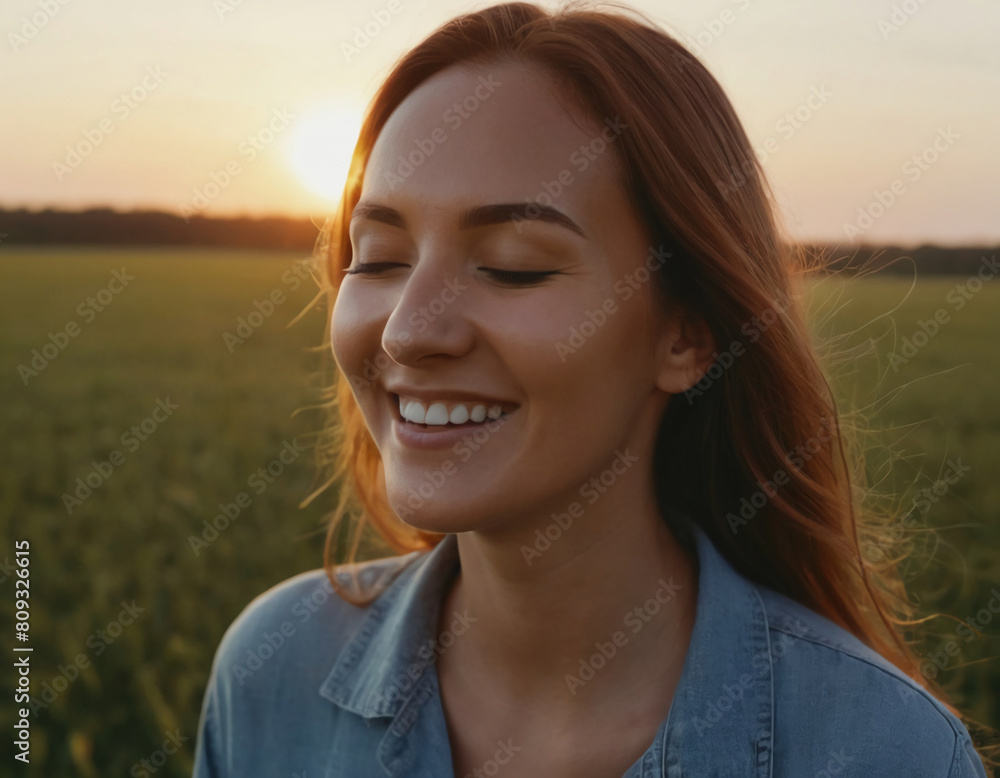 portrait of a calm happy woman with closed eyes enjoying life on a green field at sunset