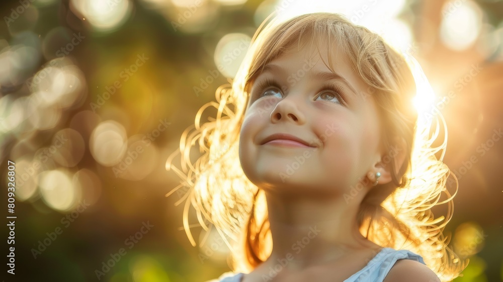 A little girl with blonde hair looking up at the sky, AI A little girl with blonde hair looking up at the sky, AI