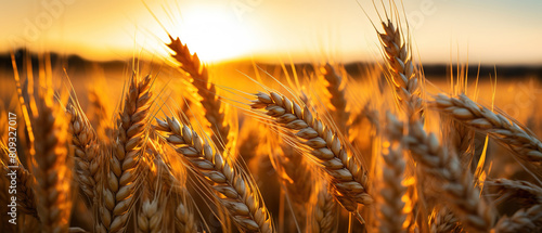 Wheat Field with Sun Setting in the Background. AI Generated Image photo
