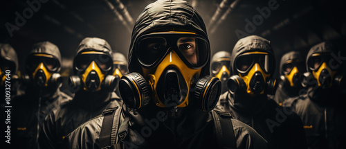 Group of Men in Gas Masks in a Dark Room. AI Generated Image photo
