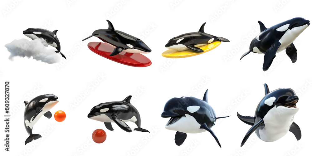 Orca killer whale transparent isolated set in 3d png using for presentation.