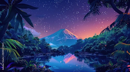 Majestic mountains by a tranquil lake under a glowing night sky. Serene nocturnal landscape.
Seamless looping 4k time-lapse virtual video animation background. Generated AI photo
