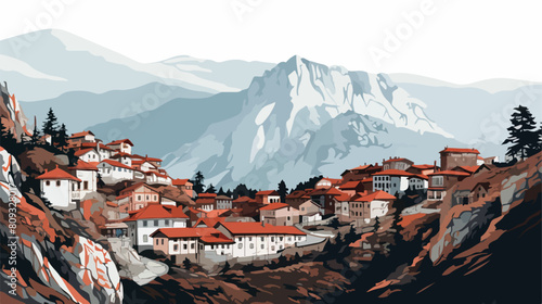 Sketch of mountain landscape with Georgian town col photo
