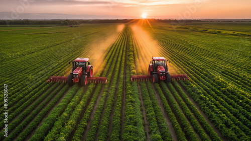 Spectacular Sunset Over Farmland with Modern Tractors at Work
