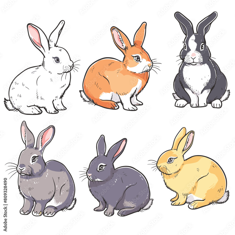 Handdrawn rabbits collection illustrations, various poses colors fluffy pets. Six cartoon bunnies displaying different fur shades, positions, playful nature. Artistic rendering rabbit set, pet Handdrawn rabbits collection illustrations, various poses colors fluffy pets. Six cartoon bunnies displaying different fur shades, positions, playful nature. Artistic rendering rabbit set, pet