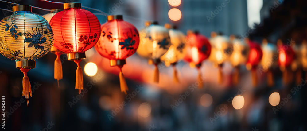 Lanterns Hanging on the Street: Festive Asian Decoration. AI Generated Image Lanterns Hanging on the Street: Festive Asian Decoration. AI Generated Image