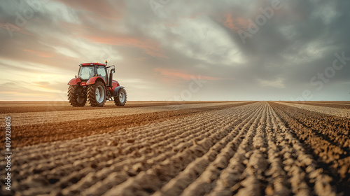 Agricultural Tractor Tilling the Soil at Sunset on Rural Farmland