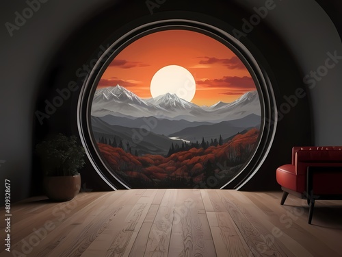circular window at home  sunset and mountains