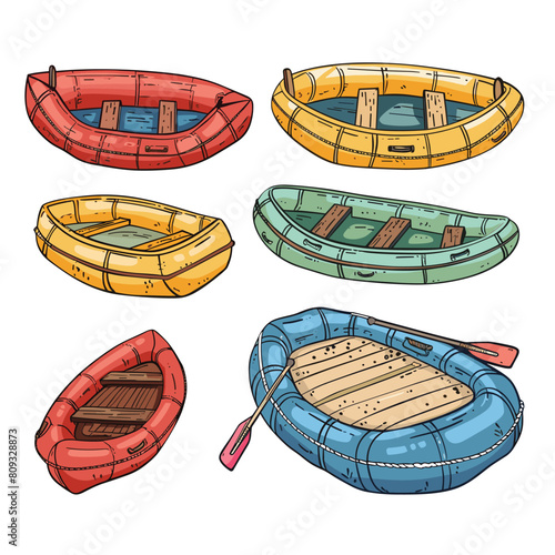 Handdrawn collection various colored inflatable boats. Detailed sketches red, yellow, green, blue rubber dinghies paddles. Isolated white background, nautical leisure equipment