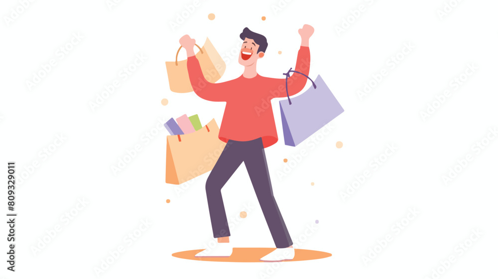 Smiling cartoon man holding heap of shopping bag en