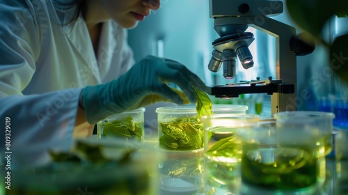a researcher in a nutritional science lab analyzing the antioxidant properties of green tea leaves with petri dishes and microscopes photo