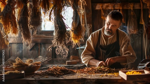 An herbalist in a rustic setting carefully drying and sorting Goldenseal roots surrounded by natural wooden surfaces and hanging dried herbs photo