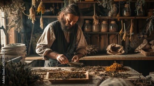 An herbalist in a rustic setting carefully drying and sorting Goldenseal roots surrounded by natural wooden surfaces and hanging dried herbs photo