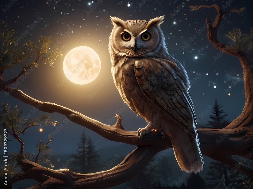 an owl perched on a gnarled branch under a starry sky and glowing moon an owl perched on a gnarled branch under a starry sky and glowing moon