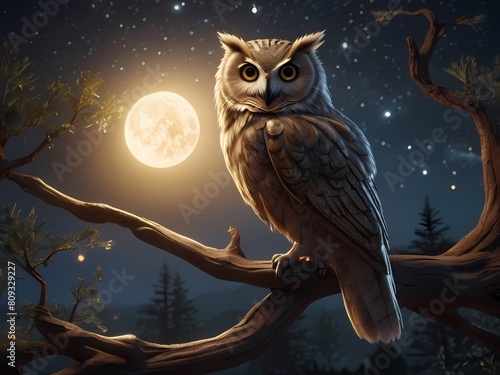 an owl perched on a gnarled branch under a starry sky and glowing moon photo