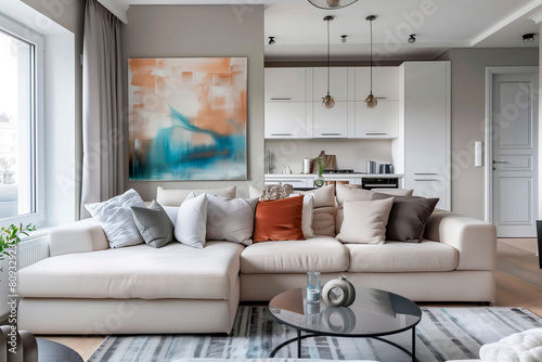 Minimal and modern interior design of a living room. White sofa with pillows  a coffee table and a kitchen in the back