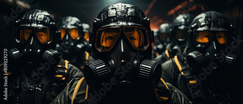 Group of Men in Gas Masks in a Dark Room. AI Generated Image