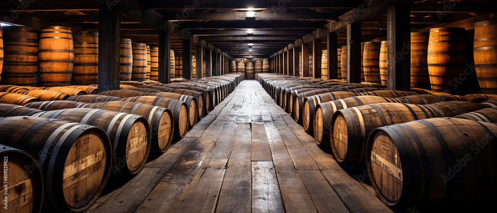 Wine Barrels in a Winery Cellar. AI Generated Image