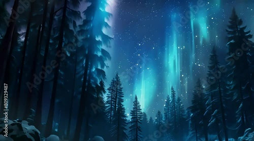 beautiful dark blue northern lights aurora pine tree. 4k video photo