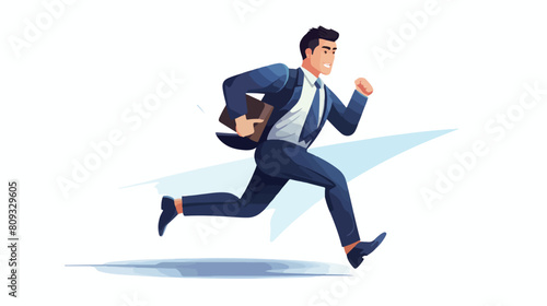 Smiling businessman in suit with briefcase running