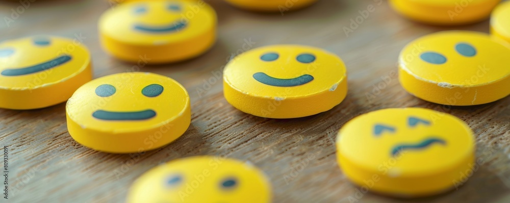 Smiley faces on buttons - happiness concept Smiley faces on buttons - happiness concept