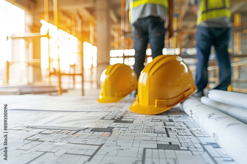 Two construction helmets on top of the blueprint. Two construction helmets on top of the blueprint.