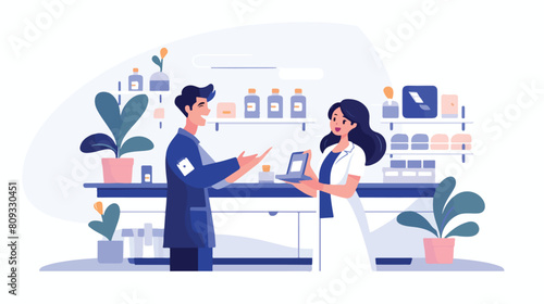 Smiling male pharmacist consulting female customer