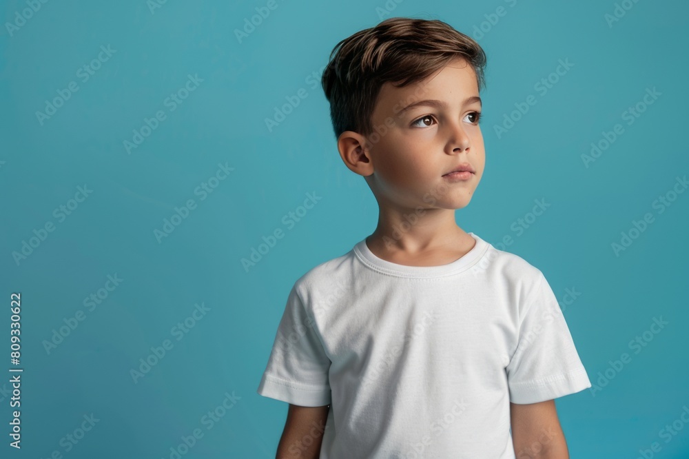 A child wearing a mock-up of a plain white t-shirt in a cyan-colored room. A child wearing a mock-up of a plain white t-shirt in a cyan-colored room.