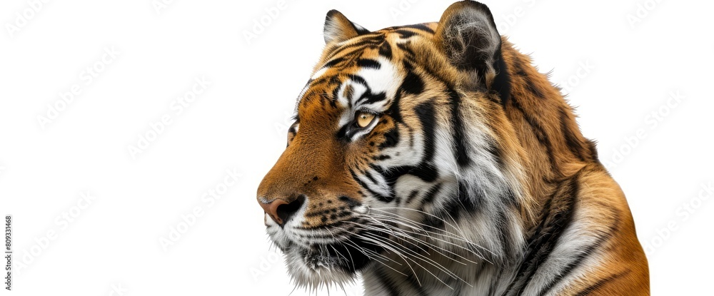 Obraz premium A Royal Tiger Isolated On A White Background Stares Intensely, Symbolizing The Majesty And Power Of Wildlife Conservation Efforts, High quality photography 