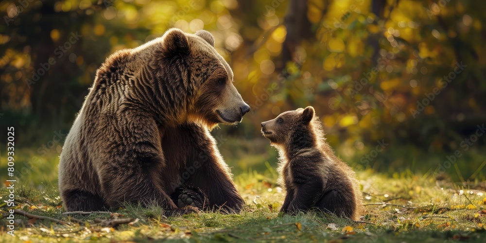 Obraz premium A nice male brown bear with cutie cub bear in the forest.