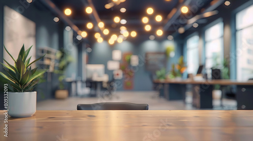 Business  interior and potted plant on desk in office with space for corporate or professional decor. Background  green and table with plants on wooden surface in workplace for natural decoration