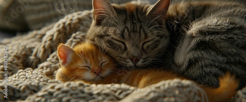 Tabby Cat Hugging And Lying On Top Of A Yellow Kitten, Showcasing The Affection And Bond Between Feline Companions, High quality photography 